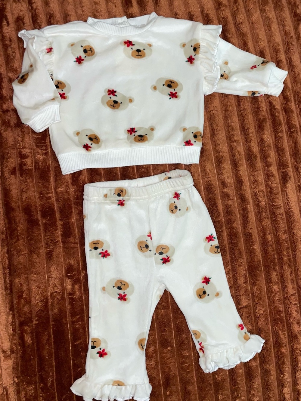 Kids White Bear Print Pajama Set with Ruffle Trim